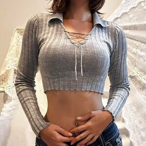 Ribbed Lace-Up Cropped Long Sleeve Top - Gray